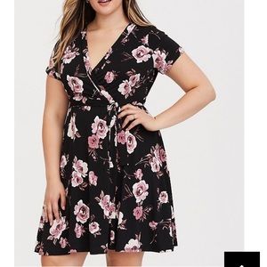 MOVING! Black Floral Jersey Knit Faux Wrap Dress
